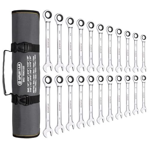 Spurtar 22 Pieces Ratchet Spanner Set Ratchet Wrenches Set 6-18mm & 1/4''-3/4'' Ratcheting Wrench Set 72 Teeth CR-V Steel Mirror Finish Combination Wrench Sets with Portable Carrying Bag