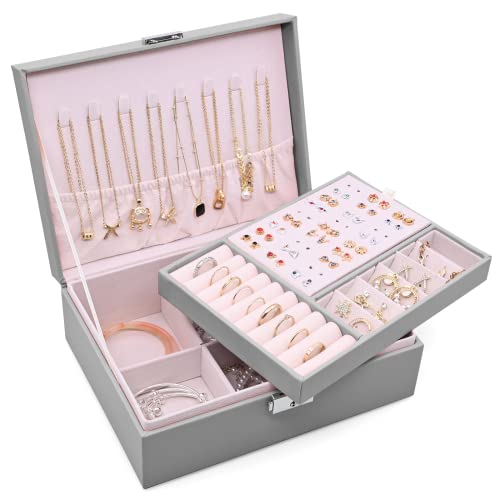 Sciphylia Boite à Bijoux pour Femme Filles Verrouillable Boîte de Bijoux 2 Couches Grande Capacité Boite de Rangement avec Plateau amovible pour Bagues, Boucles d'oreilles, Colliers, Bracelets, Grise Cover