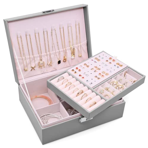 Sciphylia Joyeros Mujer Organizador para niñas y mujeres 2 Capas Grande Organizador Joyas con Bandeja Extraíble Portátil Caja Joyero con Cerradura para Anillos, Pendientes, Collares, Pulseras, Gris