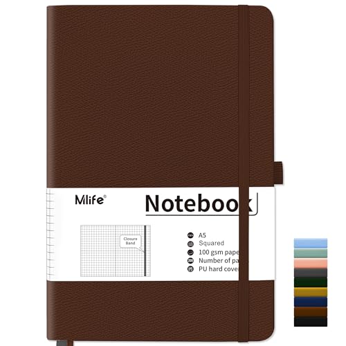 Mlife Squared Notebook A5,Journal Notebooks With 200 Pages,100gsm No Bleed Grid Notebook Pages,PU Hard Cover,Graph Paper Notebook for Graphing Notes Math,Notepad for Women Men School Office-Brown