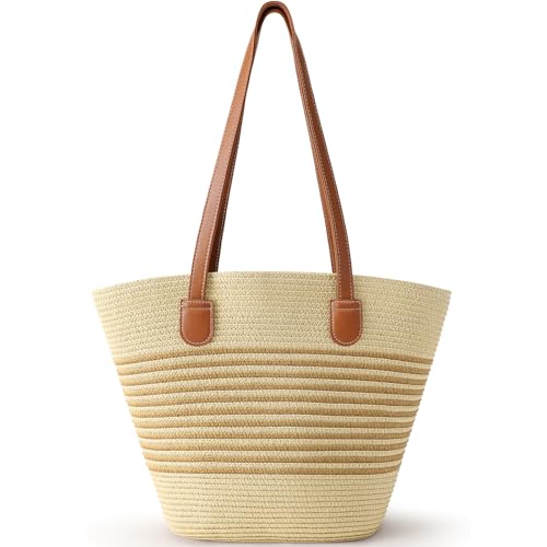 Image of Trifabricy Beach Bags for Women, Summer Beach Tote Straw Purse Shoulder Handbags Large Straw Beach Bag for Summer Travel