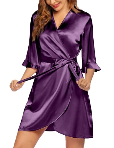 Image of Ekouaer Women's Satin Robe Valentines Lingerie for Women Kimono Bathrobe Short Ruffle Belted Robes Bridesmaids Sleepwear