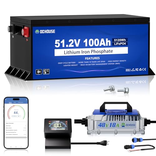 DC HOUSE Metal Case 48V 100Ah Pro Lithium Golf Cart Battery, 200A BMS Lifepo4 Battery with 48V 18A Charger, Bluetooth Mobile APP & LCD Monitor, Peak Current 700A