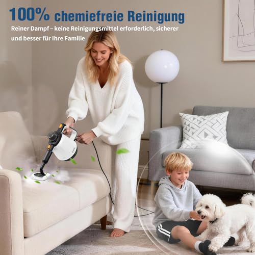 Dampfreiniger Handgerät, 110℃ Steam Cleaner zur effizienten Reinigung, vielseitiger Dampfreiniger für Alles mit 10 Aufsätzen & 5m Netzkabel, Handdampfreiniger für Sofas, Teppiche, Fugen, Fettspuren,WT