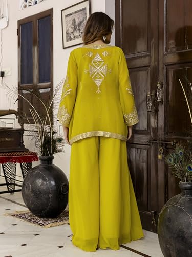 Image of TRENDMALLS Women's Georgette Embroidery Sequence Work Crop Top with Flared Palazzo and Shrug Set Ethnic Salwar Set