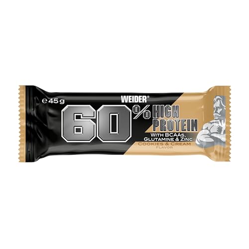 Weider 60% Proteinriegel - Hochproteinhaltiger Riegel mit 27g Protein, wenig Zucker, BCAAs & Zink - Ideal für Muskelwachstum - 24er Pack - Cookies & Cream