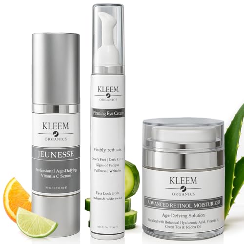 Kleem Organics Trio Anti-Età per la Cura della Pelle – Crema al Retinolo, Siero alla Vitamina C & Crema Contorno Occhi | Riduce Rughe, Rassoda, Illumina & Idrata | Pacchetto Completo Giorno e Notte