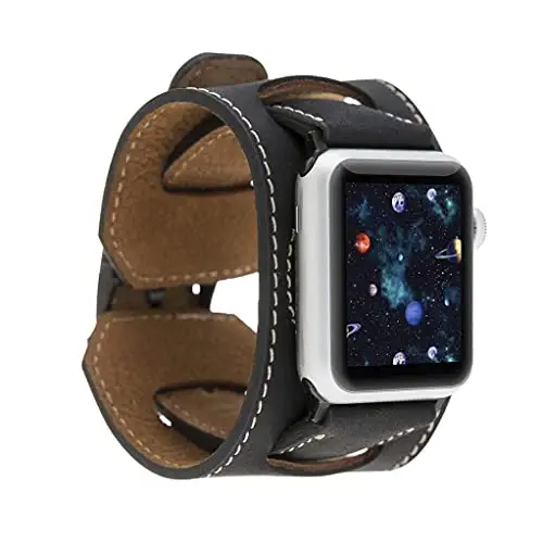 Cuff Watch Band Compatible with Apple 41mm for men & women, Handmade Genuine Leather, Compatible with iWatch Series 7 6 5 4 3 2 1 SE, Wrist Bracelet Arm Band, Medium/Band-Black