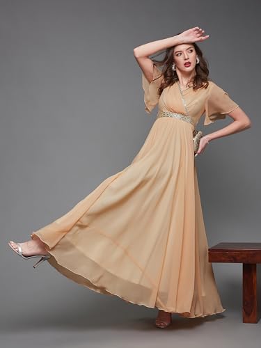 Image of Miss Chase Women's V-Neck Flared /Bell Sleeves Fit & Flare Maxi Dress