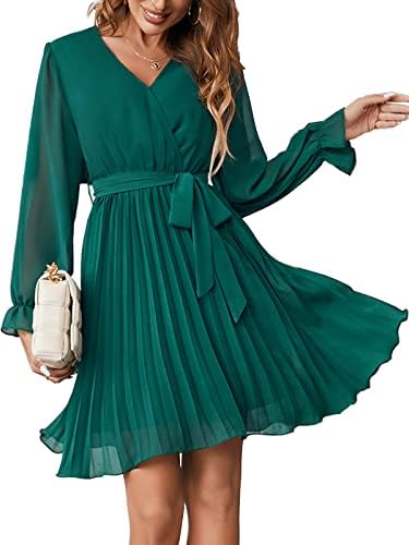 Maroway Women Wrap V Neck Long Sleeve Pleated Cocktail Party Dress Green Small