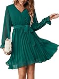 Maroway Women Wrap V Neck Long Sleeve Pleated Cocktail Party Dress Green Small