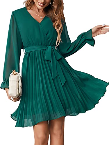 Maroway Women Wrap V Neck Long Sleeve Pleated Cocktail Party Dress Green Small #TOP20