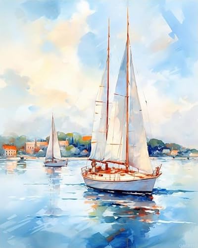 QACEYID DIY Paint by Numbers for Adults Sailboat Coastal Sail Boat DIY Painting by Number Kits Oil Paint Drawing Canvas Home Decor 16x20 Inch