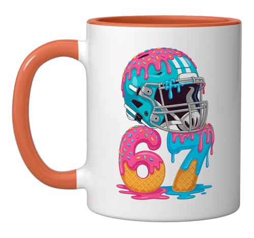 American Football Helmet Ice Drip 67 Number 67th Six Seven Ceramic Mug, Orange/White