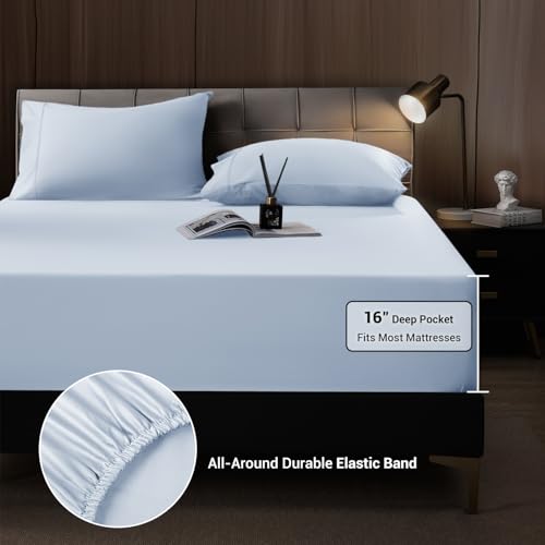 Image of Shilucheng 4 Piece Queen Sheet Sets, Cooling Sheets, Blend Rayon Derived from Bamboo, Deep Pocket Up to 16 inch, Breathable & Soft Bed Sheets, Hotel Silky Bedding Set, Sky Blue