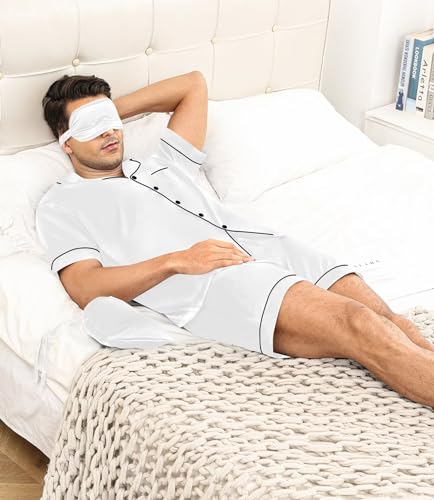 SWOMOG Couple Silk Satin Pajama Set Women & Men Short Sleeve 2pc Pjs Button Down Sleepwear Loungewear4