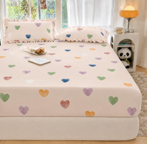 Image of VOMZER King Size (72x78) 300 TC Soft Cotton Feel Microfiber All Around Elastic Fitted Double Bedsheet with 2 Frill Pillow Covers | Dust Pink Heart