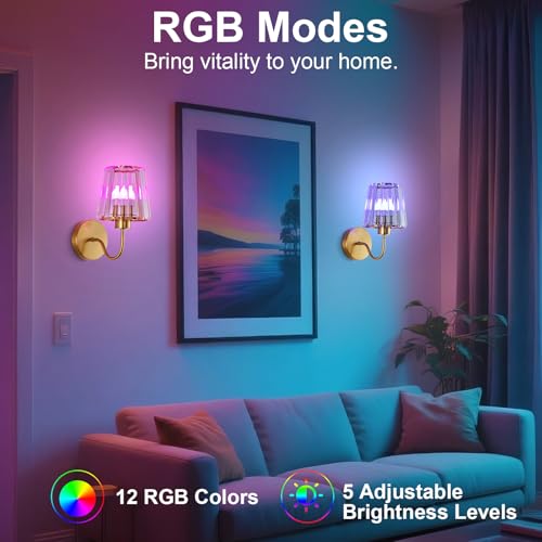 Image of EIDISUNY Crystal Battery Operated Wall Sconces, Set of 2, Gold | Wireless, RGB Rechargeable Dimmable, Vintage, Bedroom Living Room Hallway, Bulbs Included