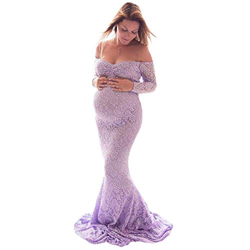 Pregnant Women Mermaid Bodycon Maternity Dress Off Shoulder Reteo Floral Lace Elegant Slim Fit Gown for Baby Shower Photo Shoot V Neck Long Sleeve Summer Casual Maxi Photography Dress Light Purple L
