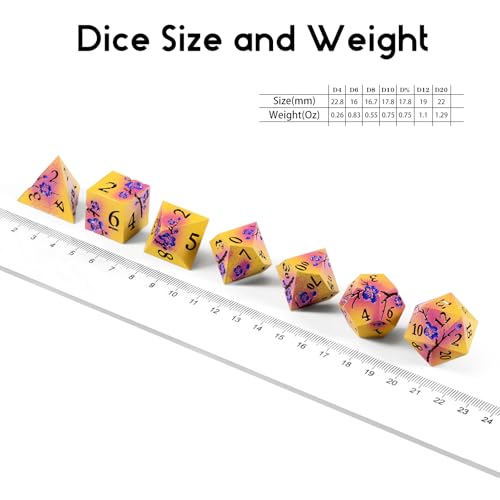 DNDND Flowers Metal Dice, 7 PCS Metallic DND Dice with Gorgeous Gift Case for D&D Dungeons and Dragon Tabletop Game (Earth Yellow and Purple)