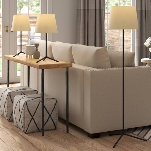 Possini Euro Design Tripod Skinny Modern Table Lamps and Floor Lamp Set Black Metal Linen Beige Shade Living Room Bedroom Bedside Nightstand House Office Home Reading Kitchen Entryway Console Family -  Lamps Plus, 87-M0221-700/HXF01010