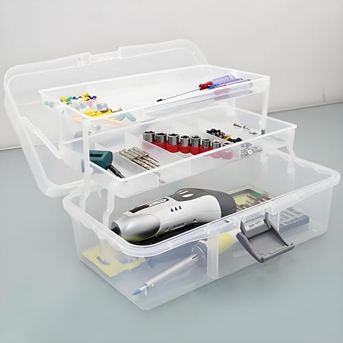 Image of Tosnail 12-Inch 3 Layers Plastic Craft Organizer Box Storage Container First Aid Carrying Case for Sewing, Painting, Arts - Clear