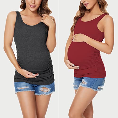 Ecavus 3Pcs Womens Layering Maternity Tank Top Pregnancy Shirt Scoop Neck Sleeveless Ruched Vest (M, Black/Wine Red/Dark Grey) #TOP3