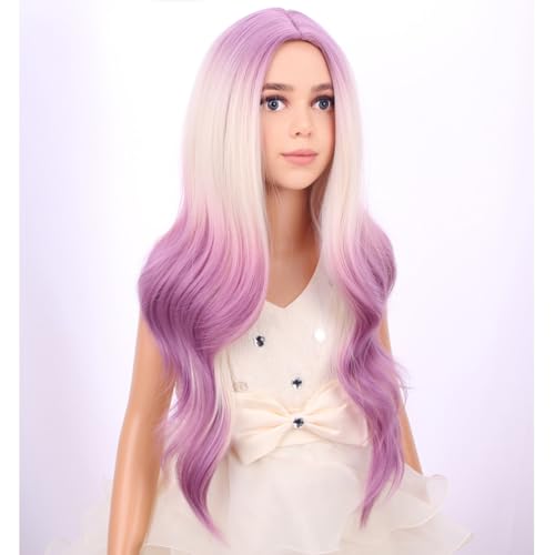 Image of PATTNIUM Blonde Ombre Purple Wig Kids Child Long Curly Wavy Light Purple Wig Blonde to Purple Wigs Middle Part Girls Heat Resistant Synthetic Hair Wigs