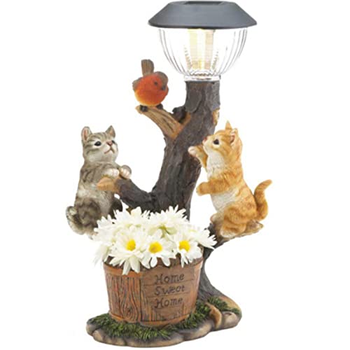 Solar Lights Animal Climbing Garden Statue, Resin Cat Statue with Post Light Lantern, Outdoor Animal Decking Light