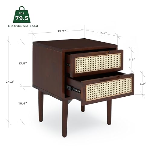 Image of Bme Oliver Solid Wood Rattan Nightstand, Bohemian & Mid Century, Walnut