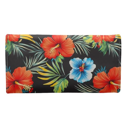 Image of AFPANQZ Leather Wallets for Women, Tropical Flowers RFID Blocking Checkbook Wallet with Cit Card Slots Phone Holder Zip Pocket, Buckle Closure, Ladies Purse