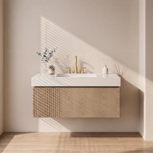 ZoriSit 36'' Mid-Century Modern Floating Bathroom Vanity with 3-Hole Sink, Wall Mounted Storage Cabinet with Organizer Drawers, Calacatta White Sintered Stone Countertop, Heidelberg Wood Finish
