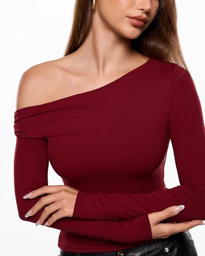 Image of INLYRIC Women's Inbarely Seasons Off The Shoulder Double Lined Long Sleeve Tops Going Out Slim Fitted Sexy T-Shirts