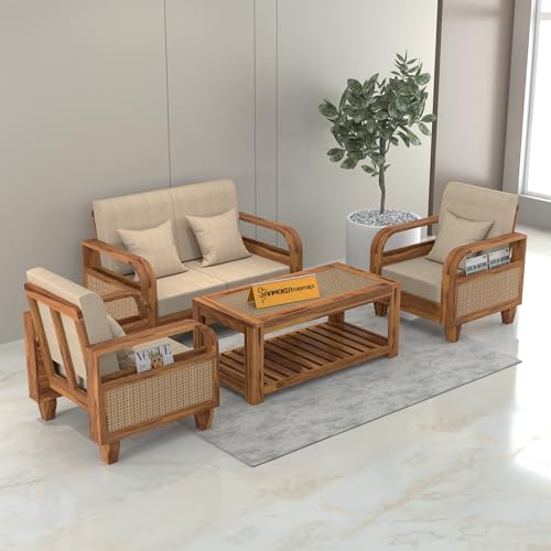 Image of Sheesham Wooden 4 Seater Sofa for Living Room | Solid Wood Sofa with Rattan Cane Side Rack | Rosewood Sofa Set for Home & Office | Lounge (Honey, 4 Seater)