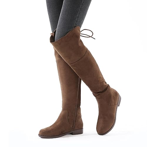 Putu Women's Low Flat Heel Thigh High Boots Faux Suede Boots Over the Knee Sexy Boots with Back Lace up3