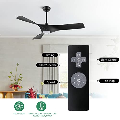 Wingbo 52" Dc Ceiling Fan With Lights And Remote, Matte Black Ceiling Fan, 3 Curved Abs Blades, 6-Speed Reversible Dc Motor, Modern Ceiling Fan For Kitchen Bedroom Living Room, Etl Listed #TOP1