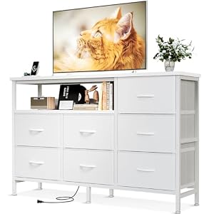 AODK タンス チェスト コンセント付き 幅132×奥行30×高さ90cm テレビ台 リビング 収納 大容量 洋服タンス 収納ケース 衣装ケース 布製引き出し 箪笥 おしゃれ 転倒防止 安定感 3段7杯 ホワイト