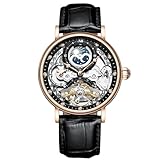 RORIOS Orologio da uomo impermeabile meccanico orologi cinturino in pelle scheletro carica automatica orologio classico orologio da uomo, Oro rosa nero, Cinghia
