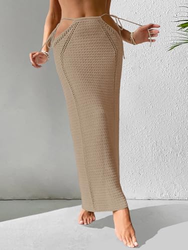 Womens Crochet Knit Slim Fit Beach Sarong Summer 2025 Waist Tie Hollow Out Bathing Suit Cover Up Maxi Skirt3