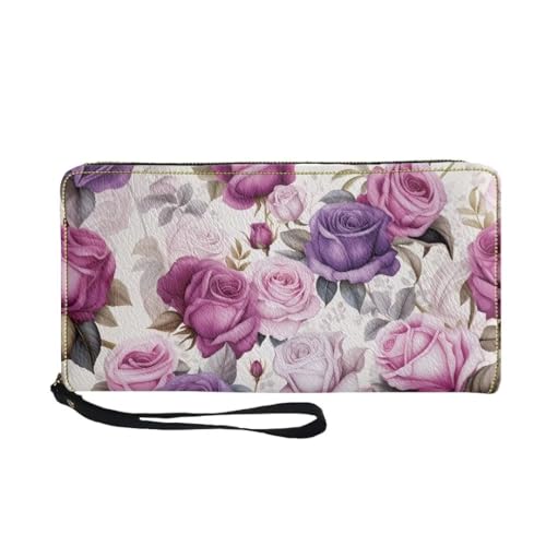 Tiasarato Fashion Leather Wallet Pink Purple Rose Long Purse Large Credit Card Clutch Wallets for Women Ladies Portable Storage Bag