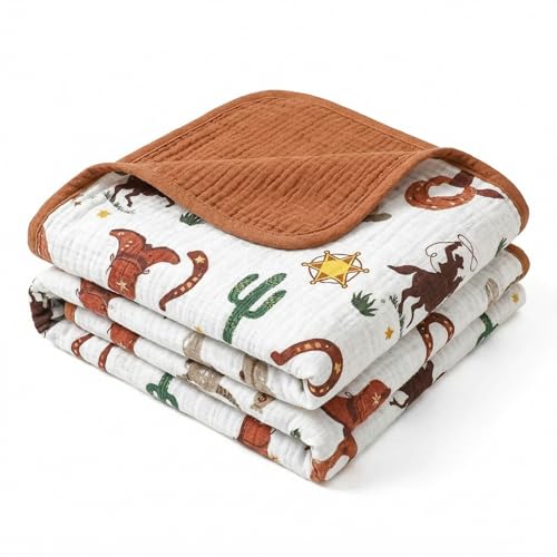 Image of Breling Western Cowboy Muslin Baby Blankets for Girls Boys, 100% Cotton Crib Blanket for Infant Toddler, 40 x 36 Inch Soft and Lightweight Nursery Swaddling Wrap