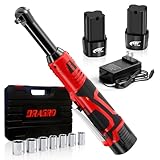 Dragro 3/8' 18V Cordless Electric Ratchet Wrench Set, 40 Ft-Lbs 450RPM Extended Battery Powered Ratchet, 4 Inch Power Ratchet Driver with 2 x 2.0Ah Battery & Variable Speed, 7 Sockets, LED Light