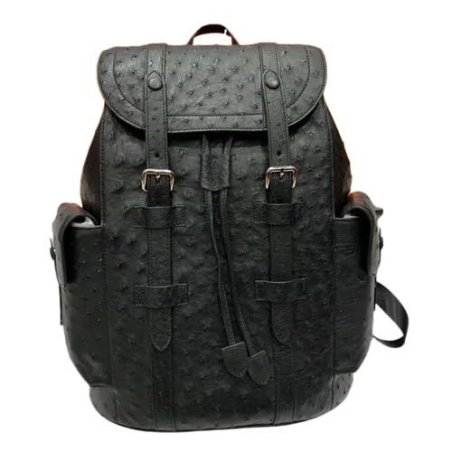 Generic Authentic Real True Ostrich Skin Men Large Casual Black Drawstring Backpack Genuine Exotic Leather Male Leisure Travel Bag Pack, LKC-0152