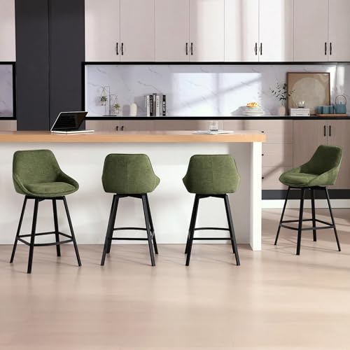 Image of Zesthouse Swivel Bar Stools Set of 4, Modern Counter Height Barstools with Backs, 26'' Upholstered Linen Fabric High Chairs for Island Kitchen, Counter Height Chairs with Metal Legs, Green