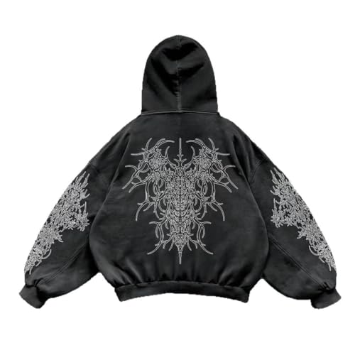 Cute Clad Y2K Vintage Printed Punk Hoodies Spring Autumn Men Women Casual Hoodie Gothic Fashion Harajuku Sweatshirt (Medium Black)