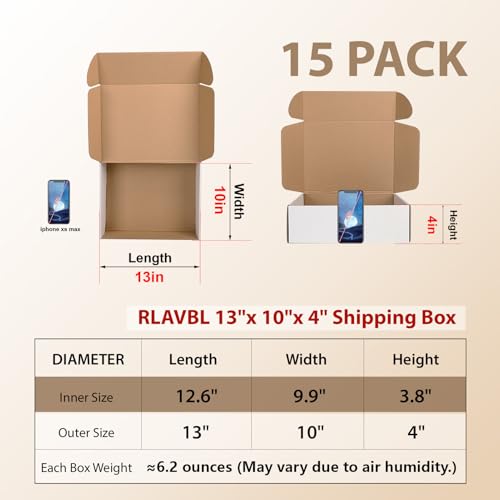 Image of RLAVBL 13x10x4 Shipping Boxes Set of 15, White Corrugated Cardboard Mailer Box for Packing, Mailing, Business