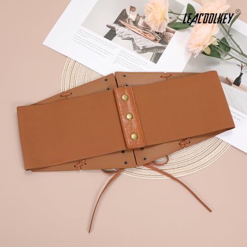 LEACOOLKEY Women's Wide Corset Belt - Vintage Elastic Waist Lace-up Tied Waspie for Dresses and Halloween Costume3