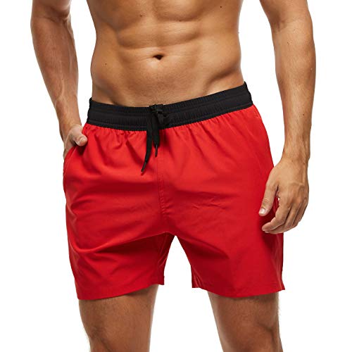 Arcweg Badehose für Herren mit Reißverschlusstasche Atmungsaktiv Wasserabweisend Badeshorts Männer Trainingsshorts Elastisch Verstellbar Mit Tunnelzug Meshfutter Schwarz/Rot M(EU)