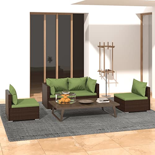 Tidyard 4 Piece Patio Lounge Set With Green Cushions Conversation Set Poly Rattan Brown Outdoor Sectional Sofa Set Steel Frame For Garden, Balcony, Lawn, Yard, Deck #TOP1