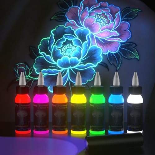 Tattoo Ink Set 7-Color Fluorescent Ink 30ml with High Color Saturation and Easy Coloring Providing Unlimited Possibilities for Tattoo Creation (Includes a UV Torch)